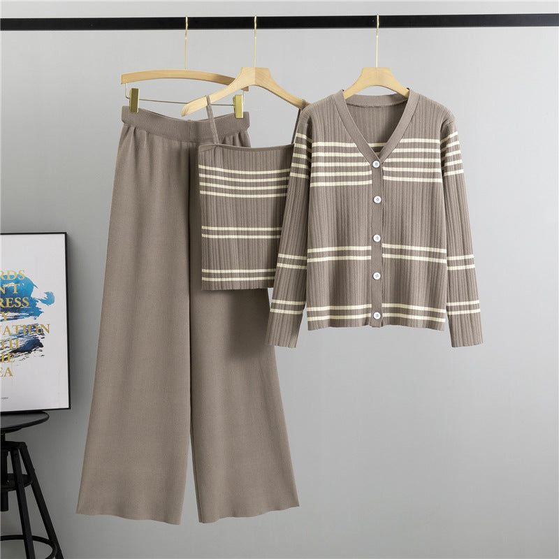 Elegant Three Piece Set Wide Leg Pants Contrast Color Striped Spaghetti Straps Cardigan Coat Women Korean Knitted Autumn