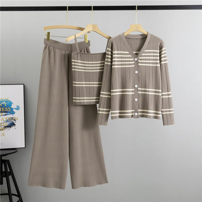 Elegant Three Piece Set Wide Leg Pants Contrast Color Striped Spaghetti Straps Cardigan Coat Women Korean Knitted Autumn