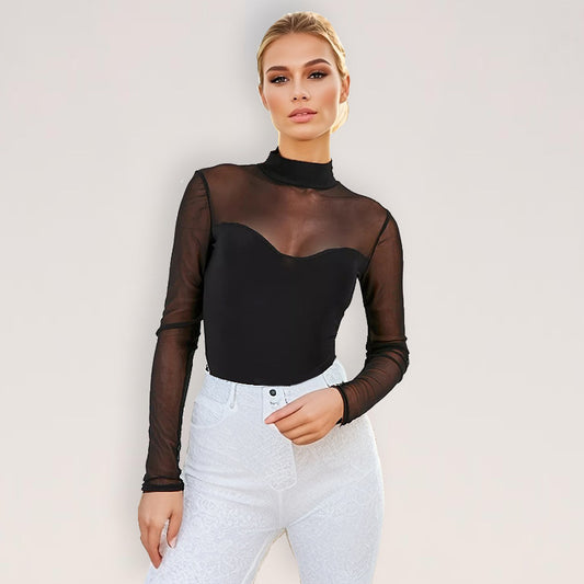 Sexy Drag Sister Black Mesh Stitching Long Sleeve Summer Slim Fit Slim Looking Base Jumpsuit Women