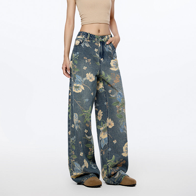 Jean large à imprimé floral pour femme, coupe ample, pantalon à deux jambes, coupe Nine One Mouth