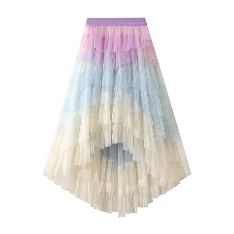 Unregelmäßiges asymmetrisches Stufenkleid Hohe Taille Mesh Rock Pettiskirt Damen Gaze Rock Feenkleid