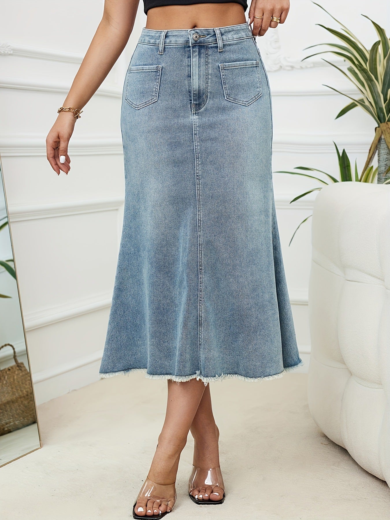 Raw Edge Denim Skirt Women Mid Length Fishtail Skirt High Waist Slimming Sexy Sheath Skirt