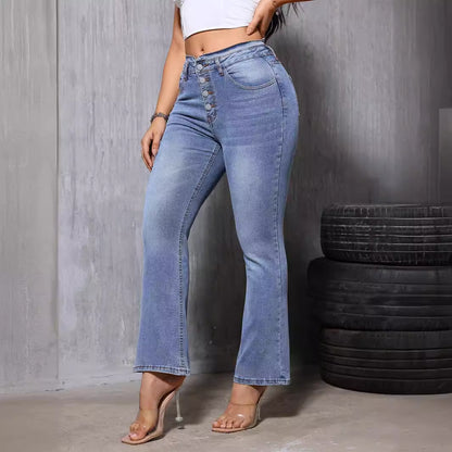 Sommer High Waist Bootcut Jeans Damen Modische Stretch Slim Fit Gerade Lautsprecherhose