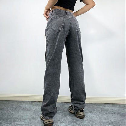 Retro Sexy Straight Loose Jeans Women Autumn Special Design Stitching Wide Leg Trousers