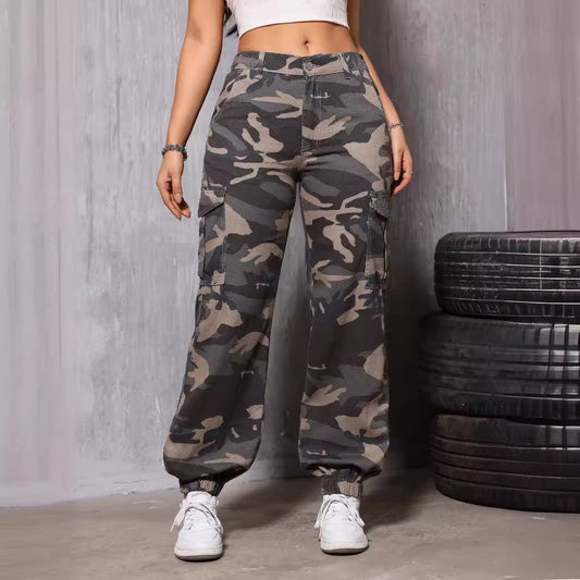 Camouflage Jeans Gerade Unten Gummiband Retro Alle Passenden Sommer