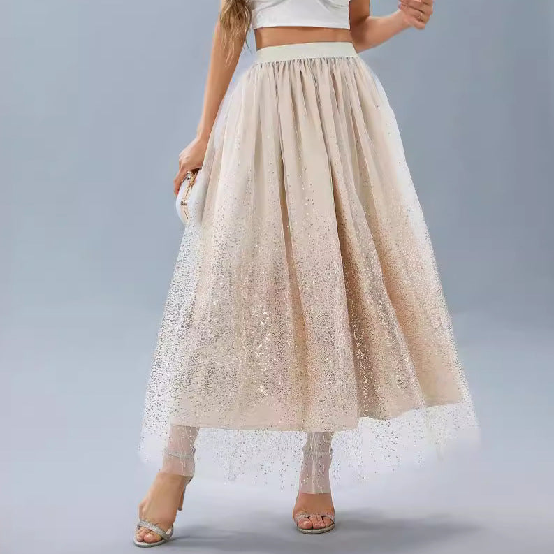 Flash Velvet Arrival Spring Summer Women Clothing Skirt Long High Waist Pleated Gradient Mesh Sequin