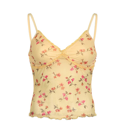 Fresh Light Yellow Floral Spring Sexy V neck Strap Girl Slim Fit Irregular Asymmetric Chest Shape Mesh Vest