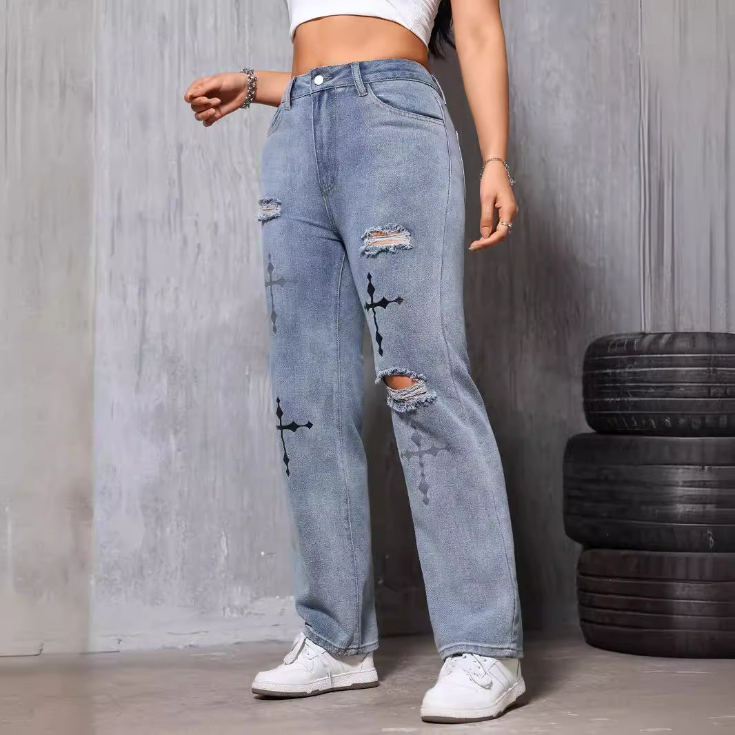 Retro Distressed Blue Straight Leg Denim Women Trousers Printed Ripped Street Fashionable Summer