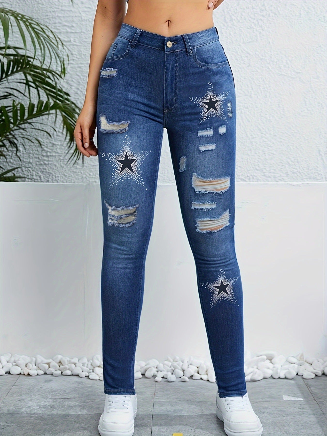 Pantalon en denim skinny imprimé couleur contrastée avec trous pour le printemps et l'été