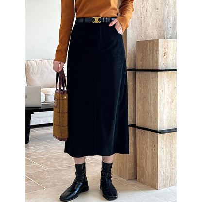 Retro High Waist Corduroy Skirt Autumn Winter Korean Front Slit Hip Skirt