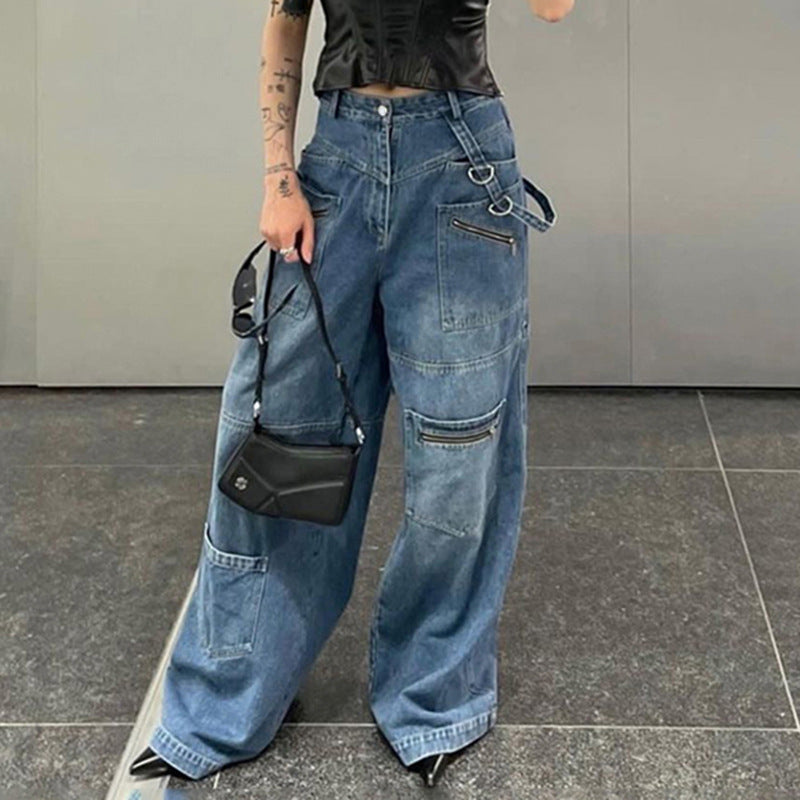 Hohe Taille Jeans mit Reißverschluss und mehreren Taschen für Damen mit geradem Bein und weitem Bein