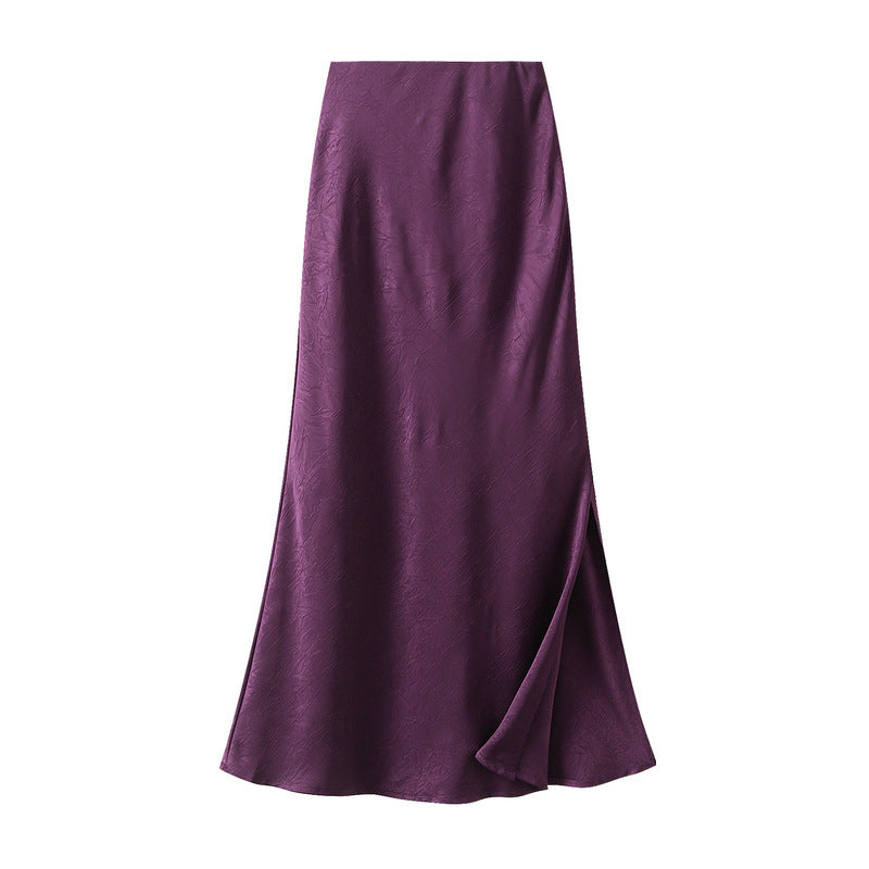 Dark Pattern High Grade Satin Purple Skirt Summer Women Satin Fishtail Skirt Split Draping Long Skirt