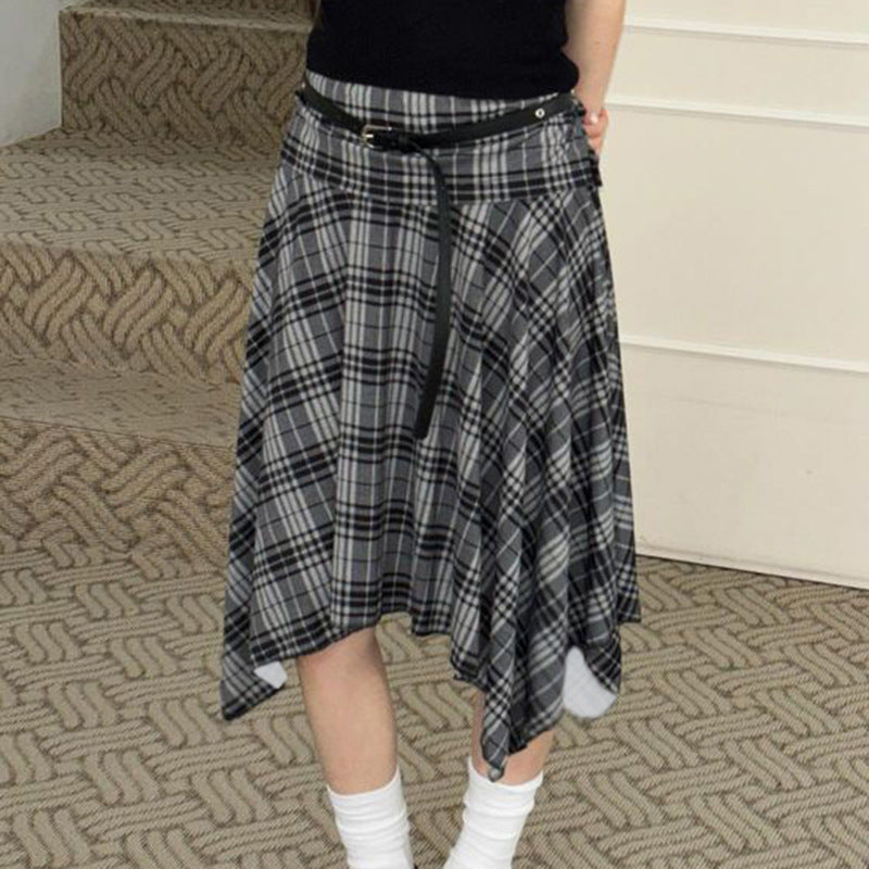 Girls College Retro Plaid Irregular Asymmetric Skirt Cute Youth Looking Low Waist Slimming Casual Midi Skirt No Belt