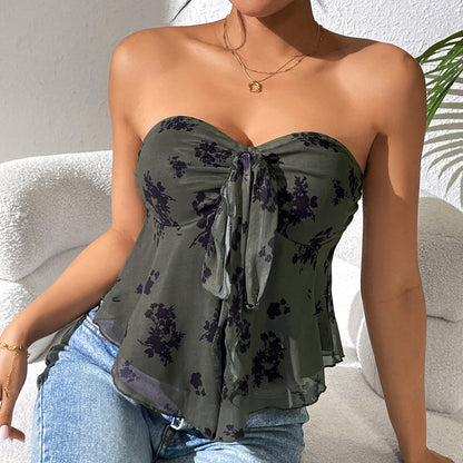 Sommer-Trägershirt mit gedrehten Trägern, sexy, sexy Tube-Top aus Netzstoff mit Blumendruck