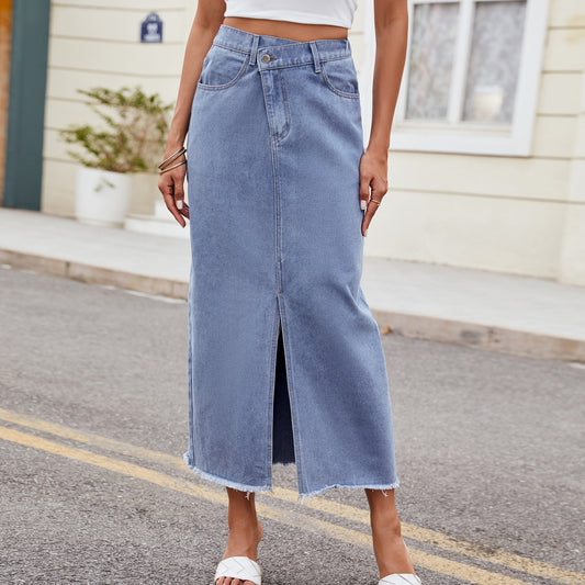 Robe longue fendue asymétrique irrégulière en denim délavé pour femme