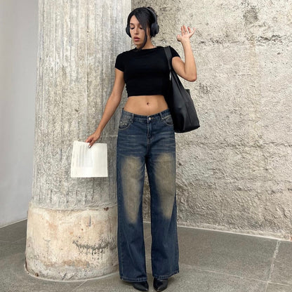 High Street Vibe Retro Distressed Straight-Leg Pants Women Loose Slimming Wide Leg Denim Trousers