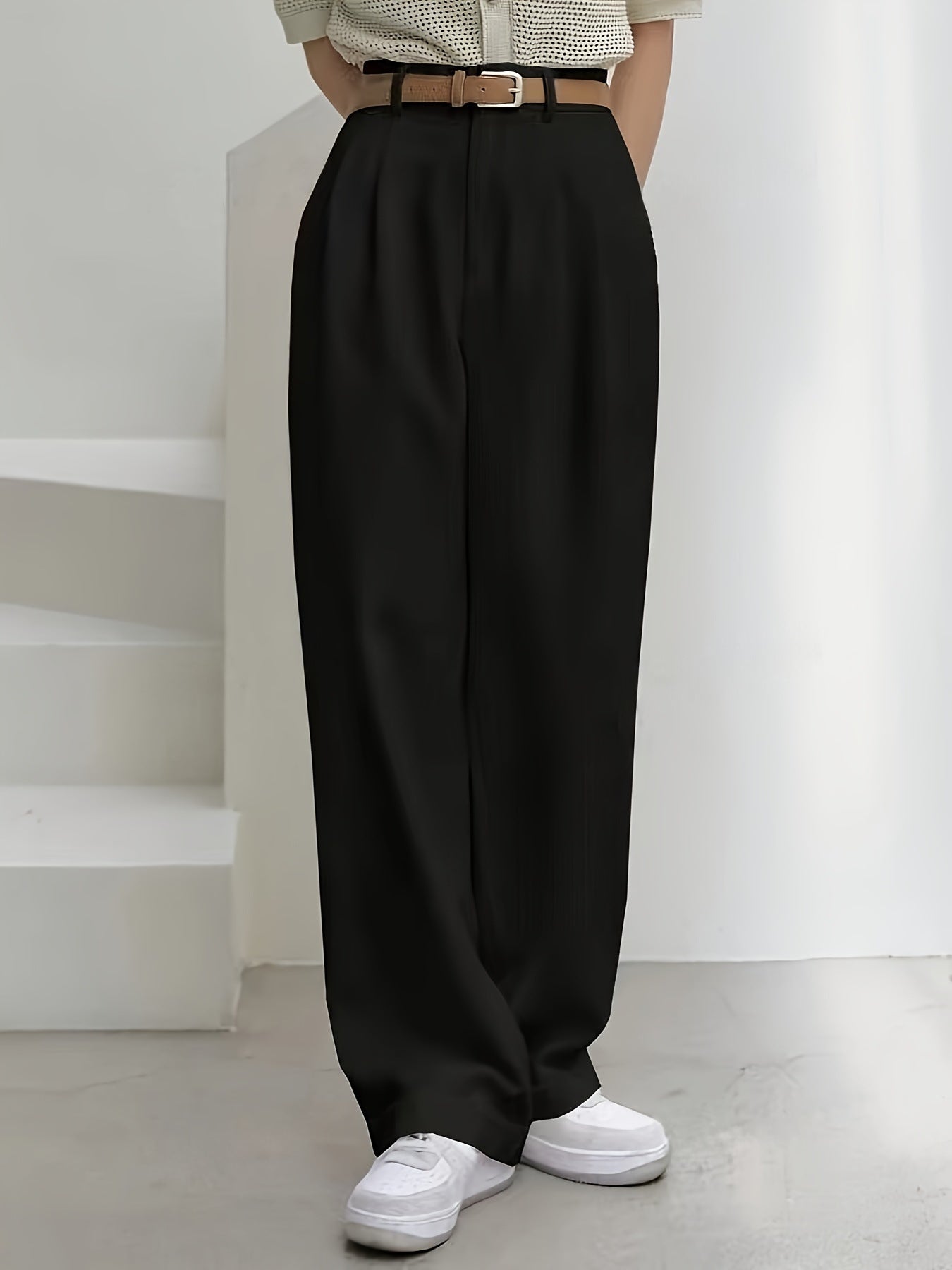 Popular Office Elegant High Waist Wide Leg Straight Casual Pants No Belt