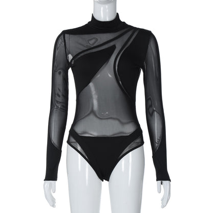 Combinaison d'hiver sexy à manches longues et coupe slim pour femme avec coutures en maille transparente