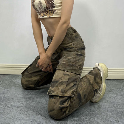 Pantalon de travail camouflage High Street pour femme, pantalon de poche, style hipster, coupe droite