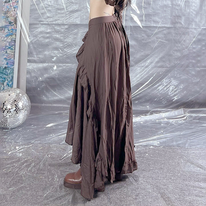 Retro Irregular Asymmetric Wooden Ear Design Long Skirt Women All Matching