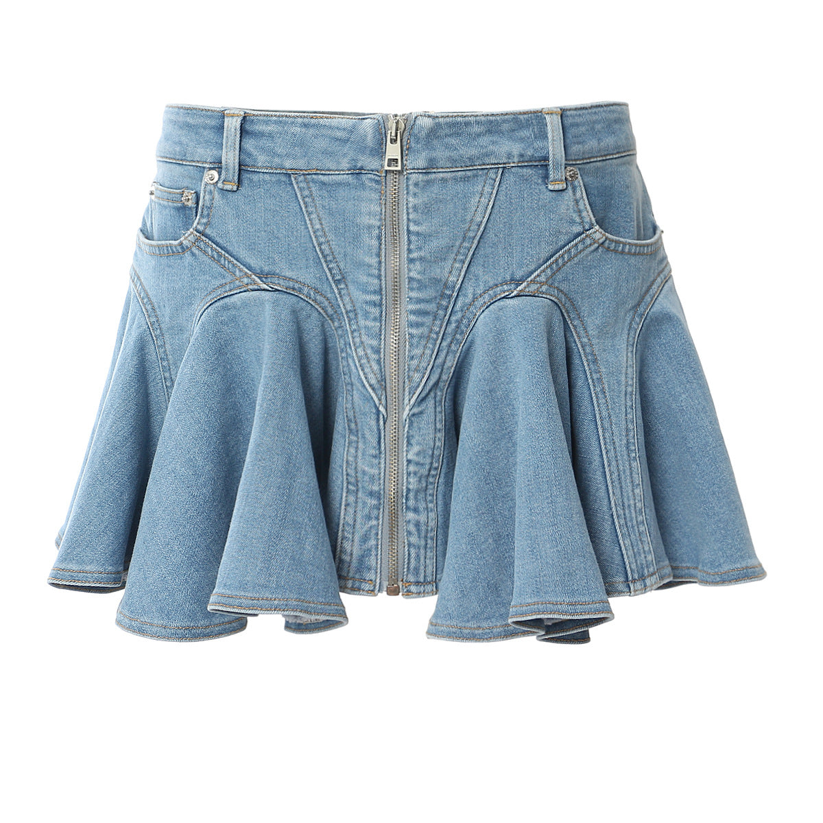 Ruffled Stitching Washed Elastic Denim Umbrella Shaped Skirt Women Skirt