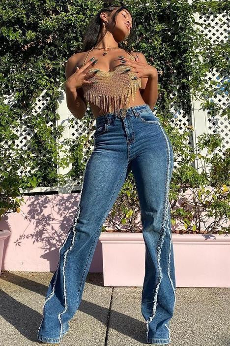 Frühling Sommer gewaschen ausgefranste Straße trendige High Waist Straight Jeans