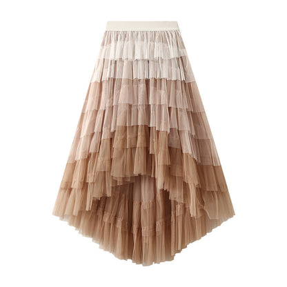 Unregelmäßiges asymmetrisches Stufenkleid Hohe Taille Mesh Rock Pettiskirt Damen Gaze Rock Feenkleid