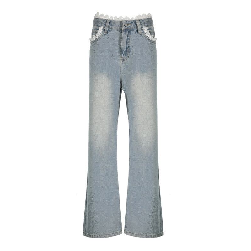 Pantalon en denim délavé taille basse avec coutures en dentelle pour femme, coupe droite, coupe usée, coupe basique