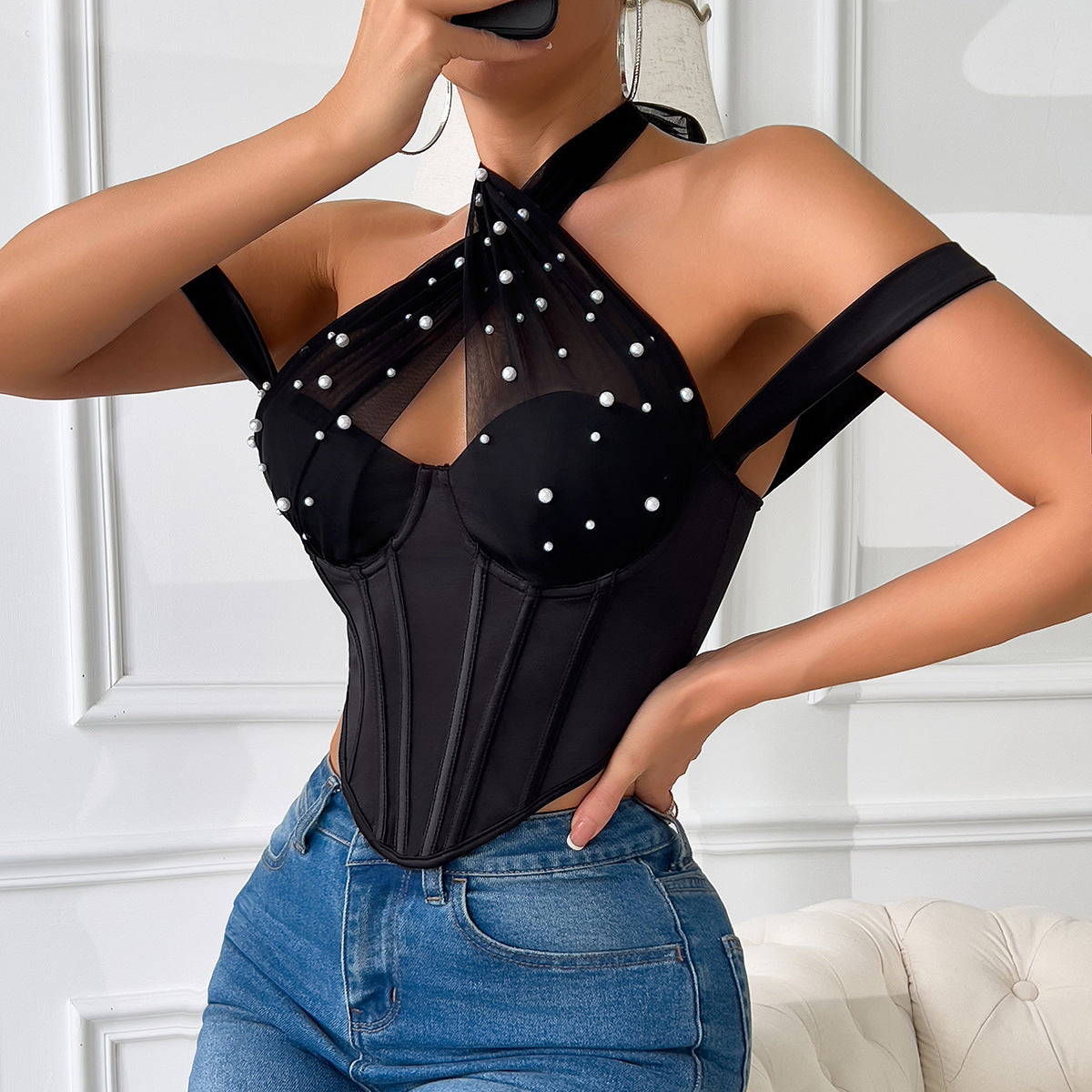 Sexy Pearl Mesh Chest Wrapped Steel Ring Boning Corset Halter Spaghetti Straps Waist Rhombus Vest