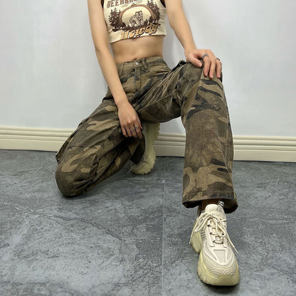 Pantalon de travail camouflage High Street pour femme, pantalon de poche, style hipster, coupe droite