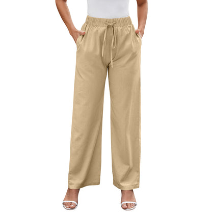 Pantalon pour femme Pantalon respirant en coton et lin Pantalon à jambe large avec cordon de serrage et poche