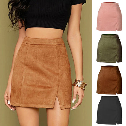 Women Clothing Suede Hip Skirt High Waist Zipper Autumn Winter A line Solid Skirt Women