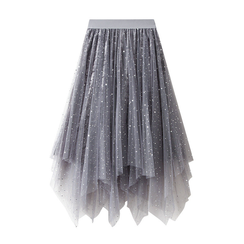 Puffy Starry Sky Mesh Skirt Autumn Korean Irregular Asymmetric Velvet Dress Mid Length Women