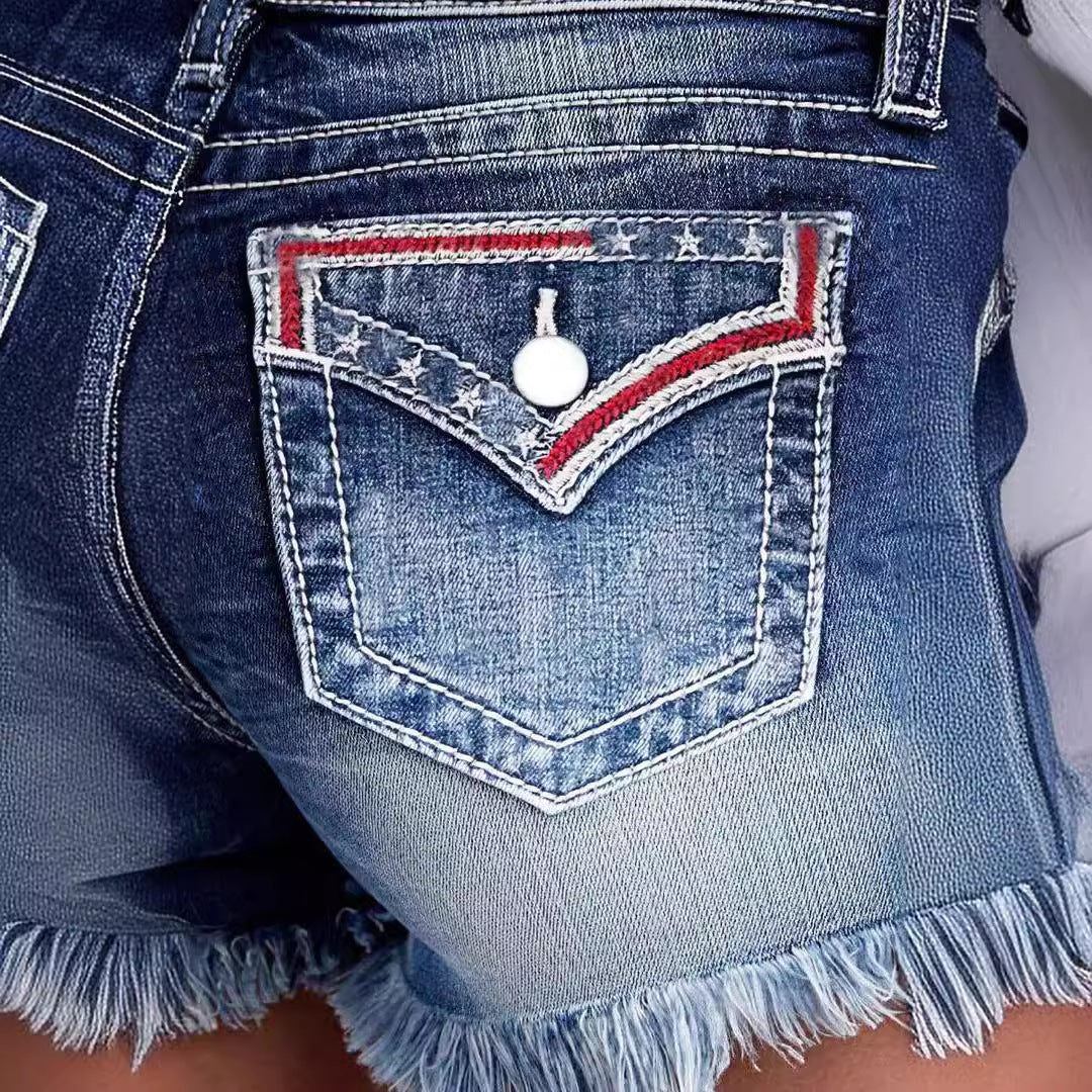 Bestickte, ausgefranste Jeansshorts für Damen