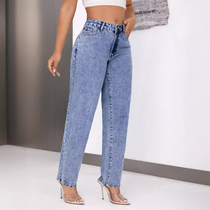 Pantalon droit en denim taille haute rétro pour femme