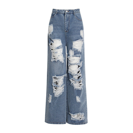 Spring Blue Color High Waist Ripped Wide Leg Pants Slimming Straight Mop Jeans for Women