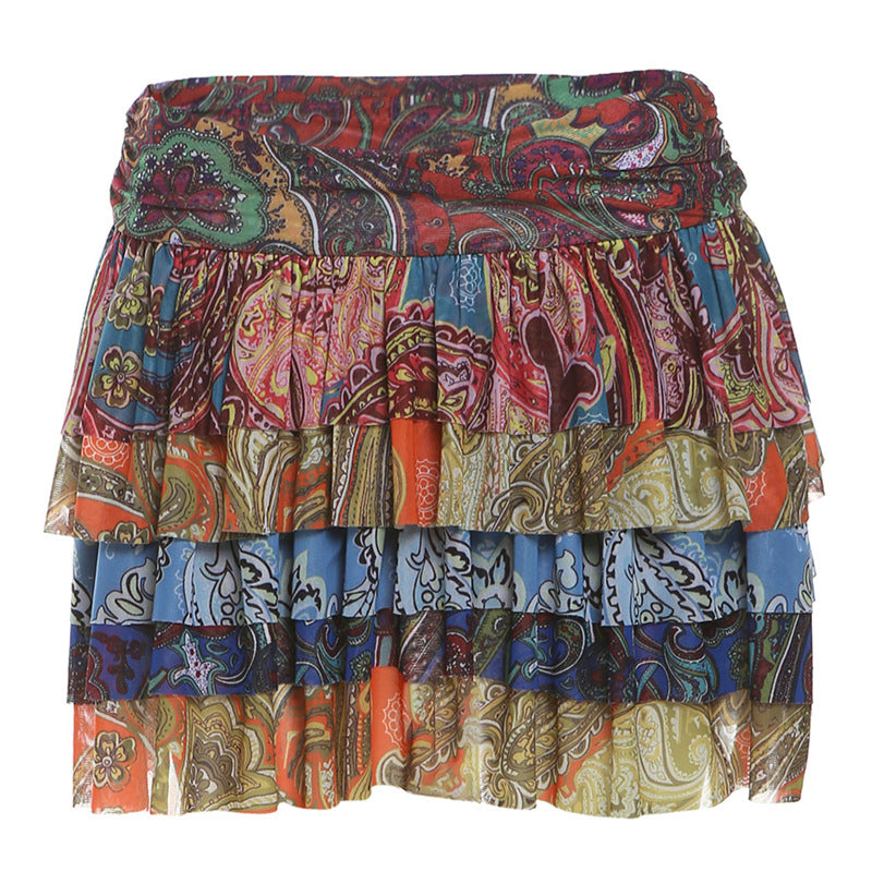 Summer Women Clothing Sexy Cake Skirt High Waist Retro Printed Skirt