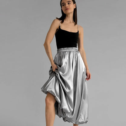 French Design Reflective Cloth High Waist Balloon Autumn Women Long Skirt