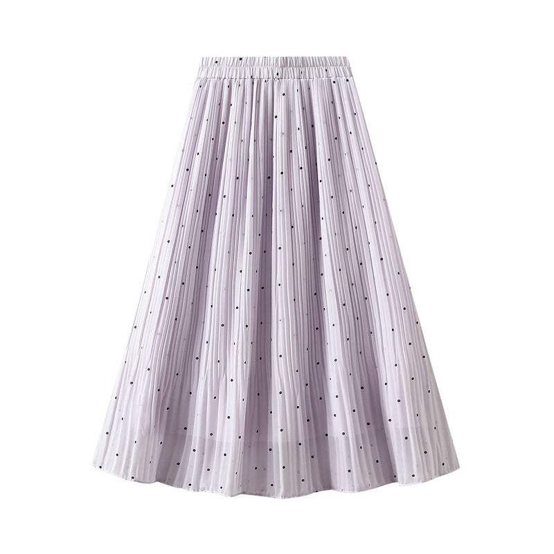 Fresh Small Polka Dot Chiffon Pleated Skirt Women Spring Summer Polka Dot Pleated High Waist A Line Midi Skirt