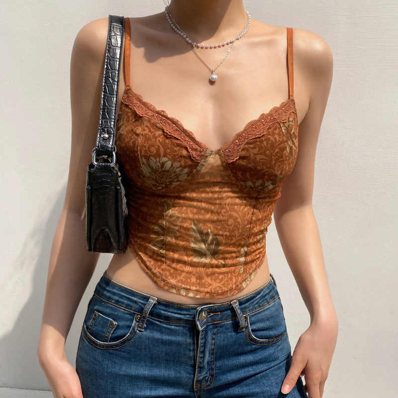 Mesh Gedruckt Slim Fit Sexy Rückenfreie Spaghetti-Träger Weste Für Frauen Sommer