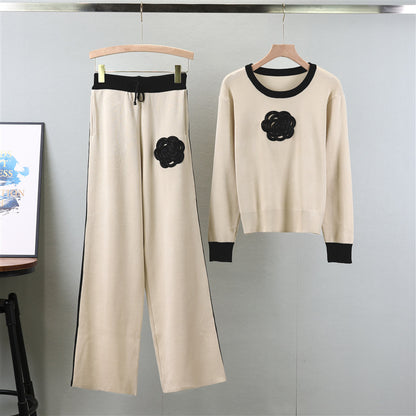 Autumn Winter Sweater Suit Two Piece Set Crew Neck Casual Lazy Office Classic Contrast Color Women Clothing