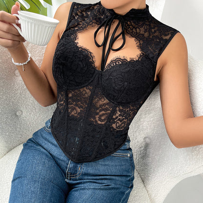 Sexy Lace Transparent Mesh Boning Corset Corset Sexy Outer Wear Vest