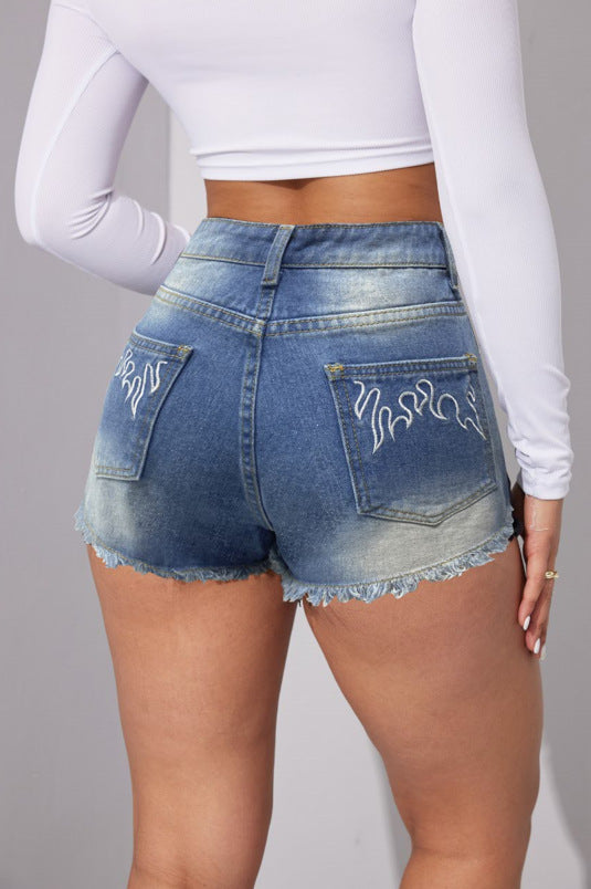 All Match Jeans-Shorts mit Stickereien und mittlerer Taille, ohne Gummizug für Damen