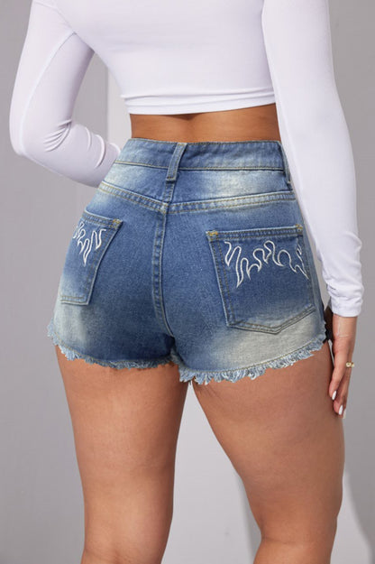 All Match Jeans-Shorts mit Stickereien und mittlerer Taille, ohne Gummizug für Damen