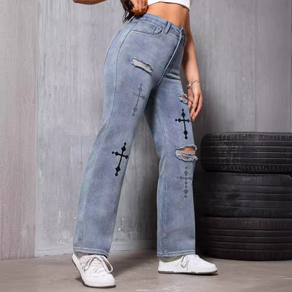 Retro Distressed Blue Straight Leg Denim Women Trousers Printed Ripped Street Fashionable Summer