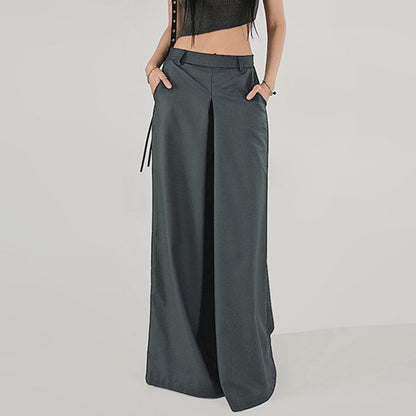 Simple Elegant Pleated Low Waist Loose Wide Leg Pants Work Pant Women Solid Color All Matching Draping Mop Casual Trousers