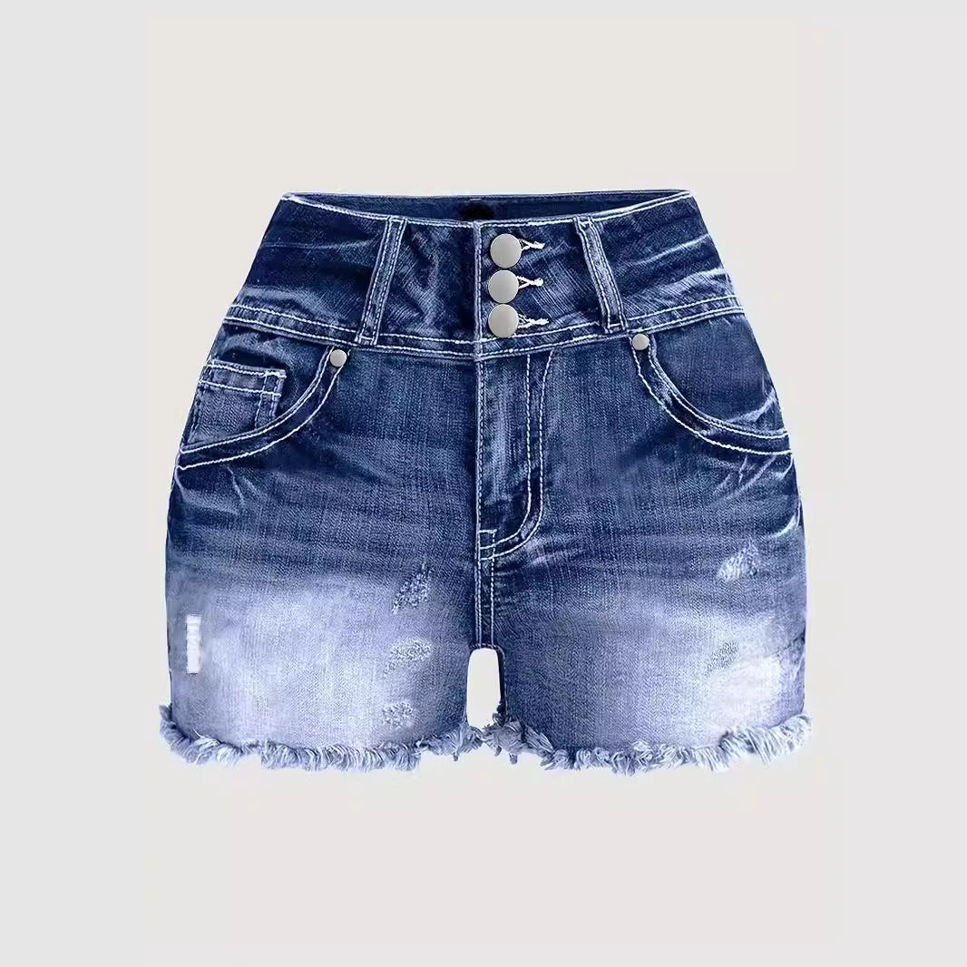 Fashionable Frayed Hem Washed Denim Shorts Women Pants