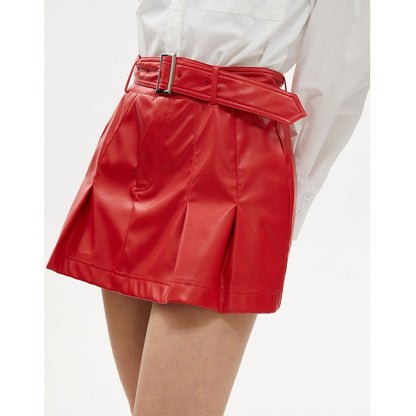 Sexy Hipster Mini Skirt Pleated Faux Leather All Match Office Metallic Belt A line Skirt