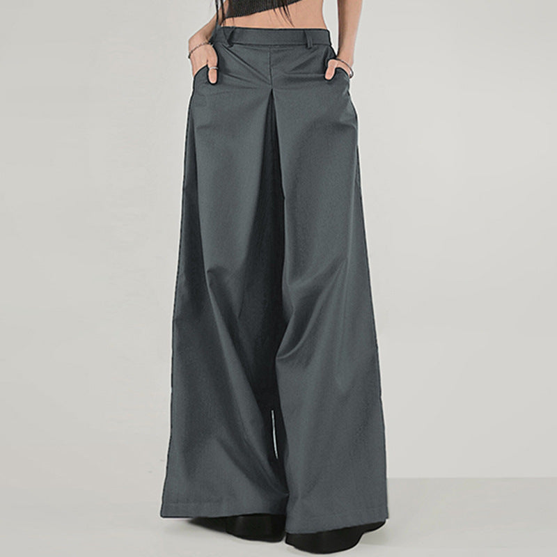 Simple Elegant Pleated Low Waist Loose Wide Leg Pants Work Pant Women Solid Color All Matching Draping Mop Casual Trousers