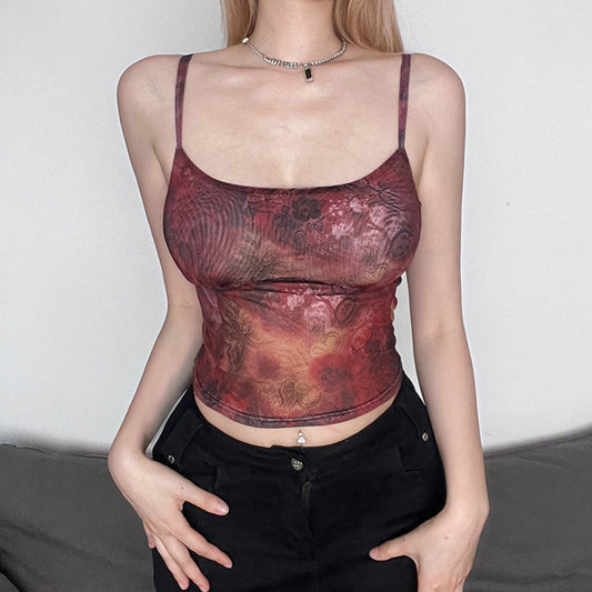 Vintage Print Kontrast Farbe Grundlegende Slim Fit Mesh Sehen Durch Slim Fit Camisole Weste Frauen